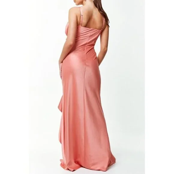 Mestiza New York Pink Satin Floral Appliqué Ruffle Gown Size 8
